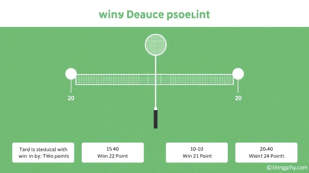 배드민턴 듀스 상황에서의 점수 진행과 승리 조건을 설명한 다이어그램