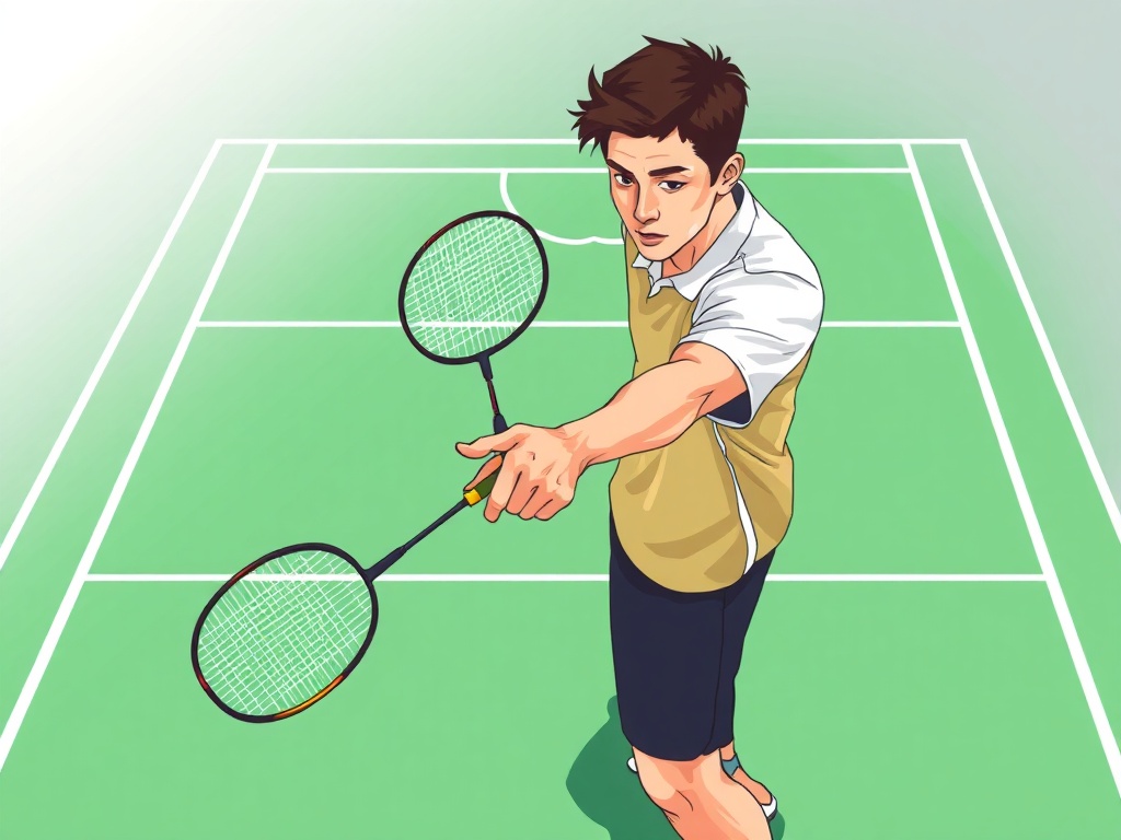 배드민턴 서브 자세와 기술적 요소를 보여주는 일러스트레이션